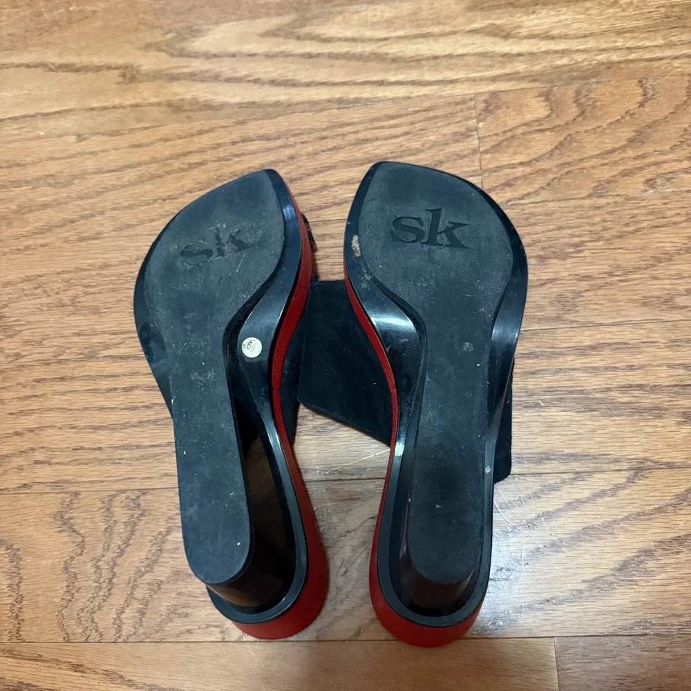 Stephane Kelian Red Black Suede Strap Slip On Wedge‎ Sandals Minimalist Shoes